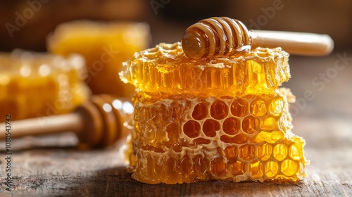 Fresh honeycomb drizzled with honey on rustic wooden table photo