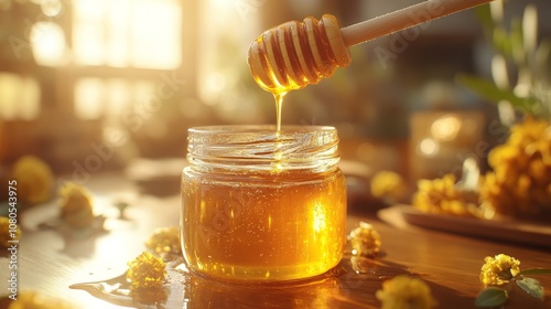 Golden honey dripping from a wooden dipper into a jar