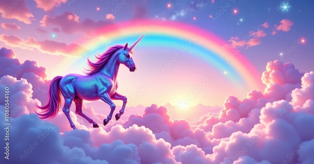 Fototapeta premium Rainbow Unicorn Dreamy Background with Pastel Clouds and Stars Magical Fantasy Landscape Art