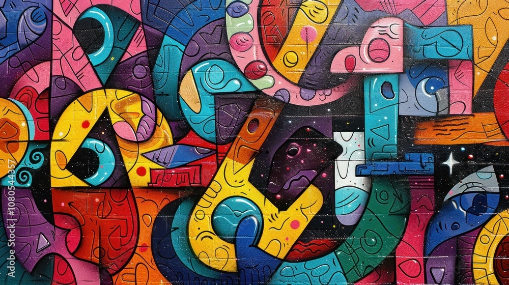 Abstract colorful mural with geometric shapes and patterns on a vibrant background, showcasing artistic expressions and creative designs in bright hues Abstract colorful mural with geometric shapes and patterns on a vibrant background, showcasing artistic expressions and creative designs in bright hues