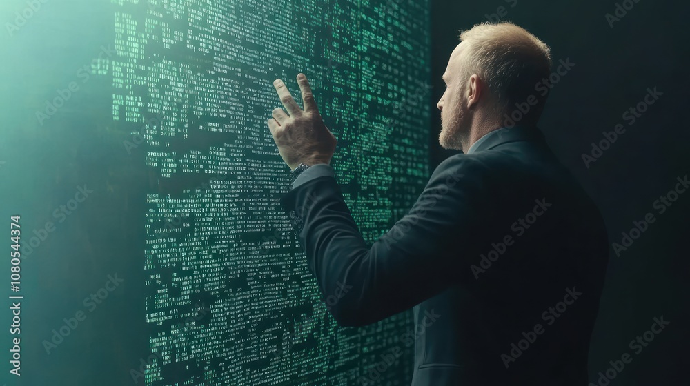 A man interacts with a digital display of code and data.