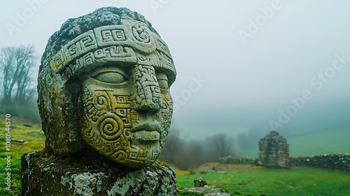 Ancient stone sculpture with intricate carvings and misty landscape, showcasing cultural heritage and historical significance in a serene environment
