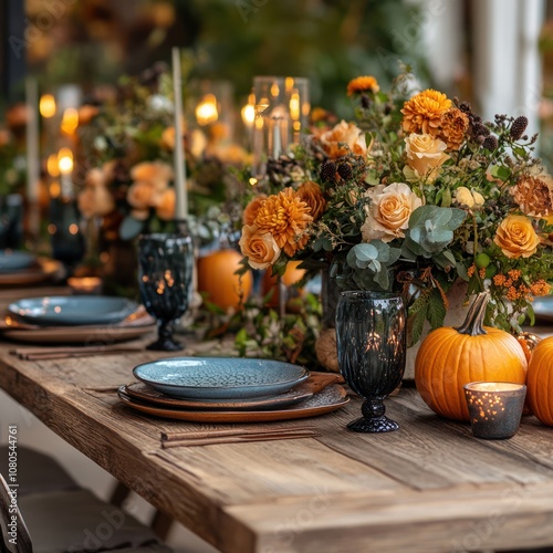 A rustic wooden table is set for a dinner party, with blue plates, glasses, and candles. Pumpkins, orange and yellow roses, and eucalyptus are arranged as centerpieces.