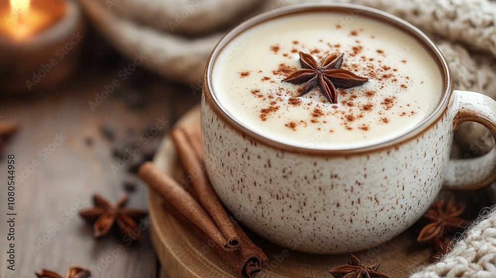 Cozy cup of spiced latte with star anise decoration Cozy cup of spiced latte with star anise decoration