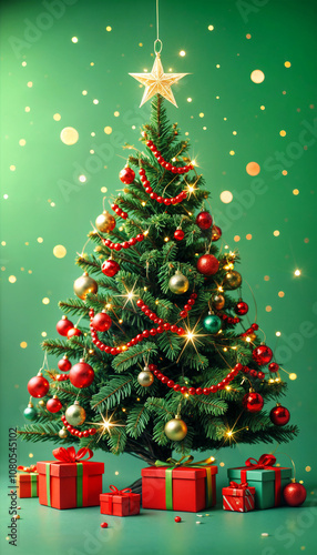 Christmas decorated tree on green. New Year wallpaper