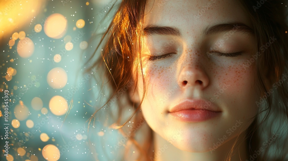 Woman in softfocus with floating orbs evoking spiritual connection Woman in softfocus with floating orbs evoking spiritual connection