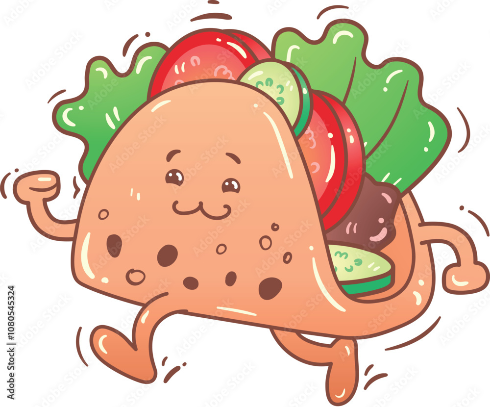 A cheerful taco character joyfully running with fresh ingredients under a bright, cartoonish style, perfect for food lovers and fun art A cheerful taco character joyfully running with fresh ingredients under a bright, cartoonish style, perfect for food lovers and fun art