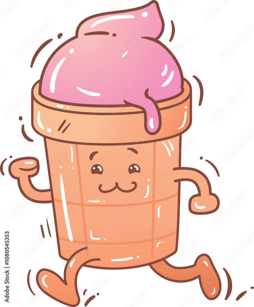 A cheerful ice cream cone character running joyfully on a summer day with a pink swirl of ice cream on top