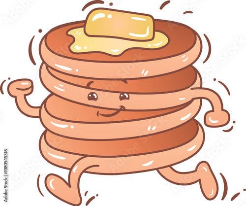 Cheerful animated pancakes with butter running playfully in a whimsical cartoon style, evoking joy and fun in the kitchen