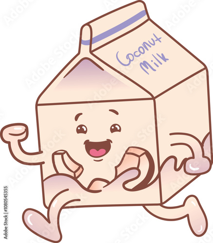 A cheerful coconut milk carton joyfully running in a lively cartoon style to promote healthy living and vegan choices
