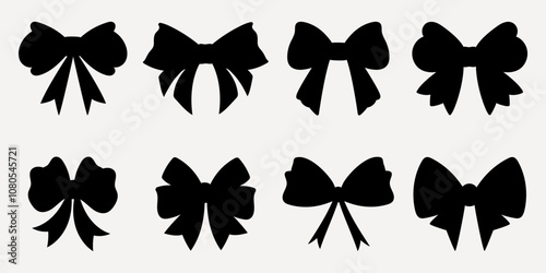 Silhouette Decorative Ribbons in Hand-Drawn Retro Style. Simple bowknot. Modern collection of bowtie. Perfectly suited for holidays, festive decorations. Vector illustration
