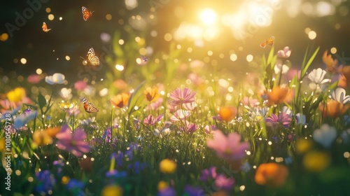 A field of wildflowers in the golden hour, with butterflies flying above.