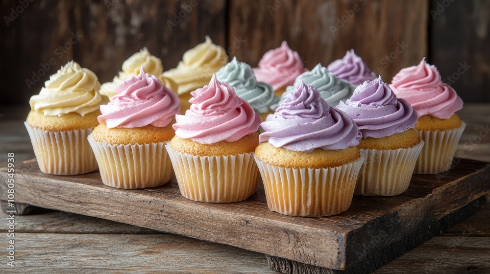 Colorful cupcakes displayed on a rustic wooden tray Colorful cupcakes displayed on a rustic wooden tray