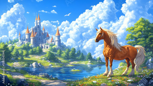 Illustration of Horse by River and Castle