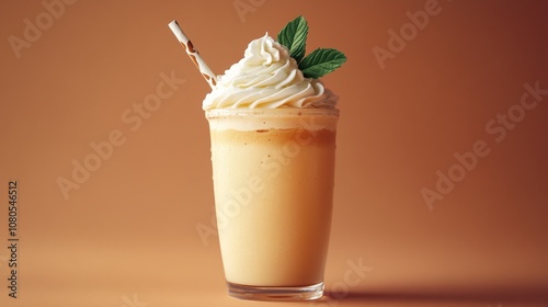 Creamy vanilla milkshake topped with whipped cream and mint photo