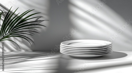 Minimalistic Composition of White Plates Stacked Against a Softly Lit Background with Palm Leaf Casting Shadows and Creating a Calming Atmosphere