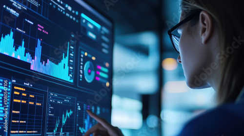 Business analyst engaged in data analysis, utilizing a computer and dashboard for effective data management and insights generation