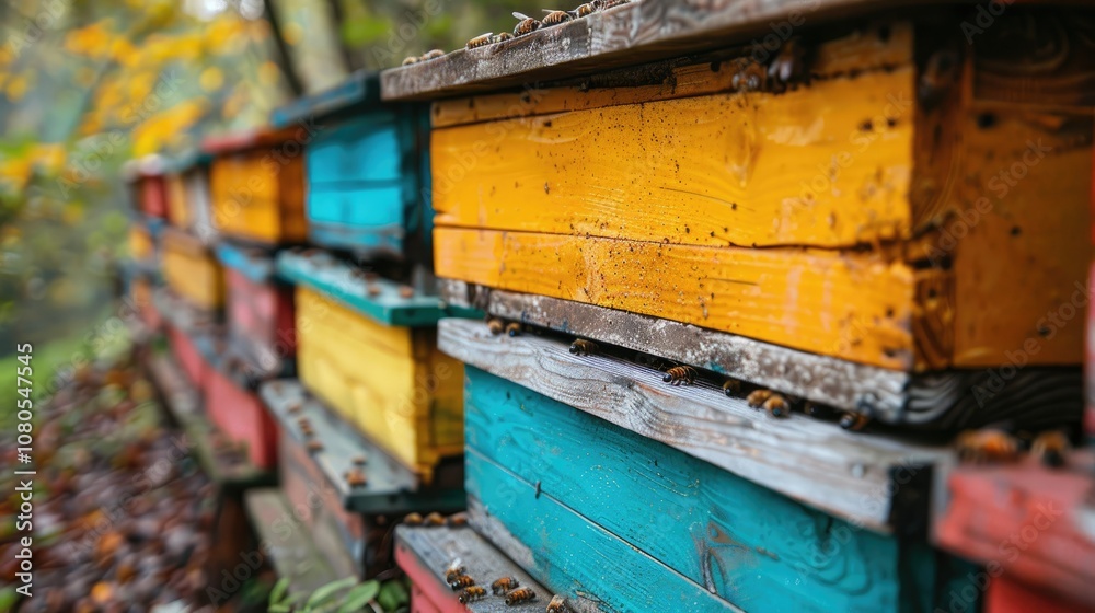 Colorful Beehives with Bees Buzzing Around Colorful Beehives with Bees Buzzing Around
