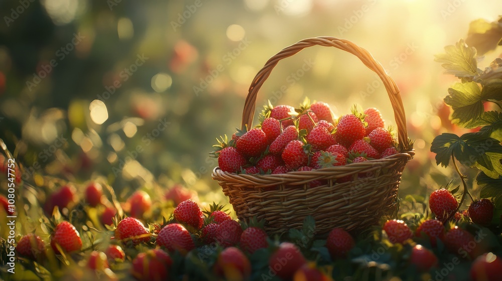 Freshly harvested strawberries in a sunlit field Freshly harvested strawberries in a sunlit field