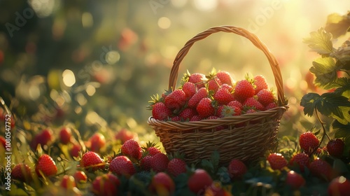 Freshly harvested strawberries in a sunlit field