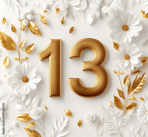 Elegant golden number 13 with intricate white floral details, a perfect design for birthdays, anniversaries, celebrations, or luxurious artistic inspirations and decorative projects

 photo