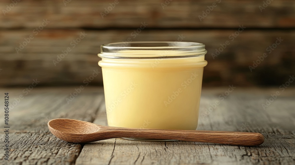Homemade jar of creamy butter with wooden spoon on rustic table Homemade jar of creamy butter with wooden spoon on rustic table
