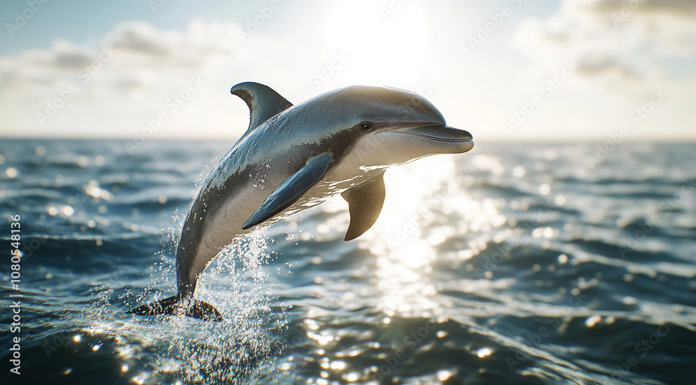 Obraz premium A dolphin leaps out of the water in a bright, sunny day. The ocean is calm and blue with whitecaps and the dolphin is silhouetted against the bright sun