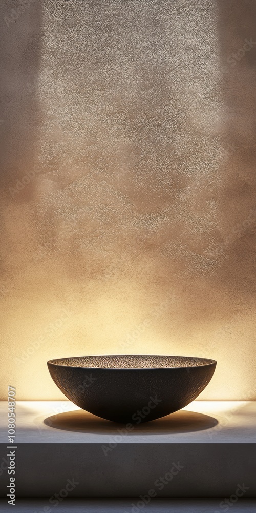 A minimalist stone bowl illuminated by soft ambient light, set against a textured wall, perfect for modern interior design concepts. A minimalist stone bowl illuminated by soft ambient light, set against a textured wall, perfect for modern interior design concepts.