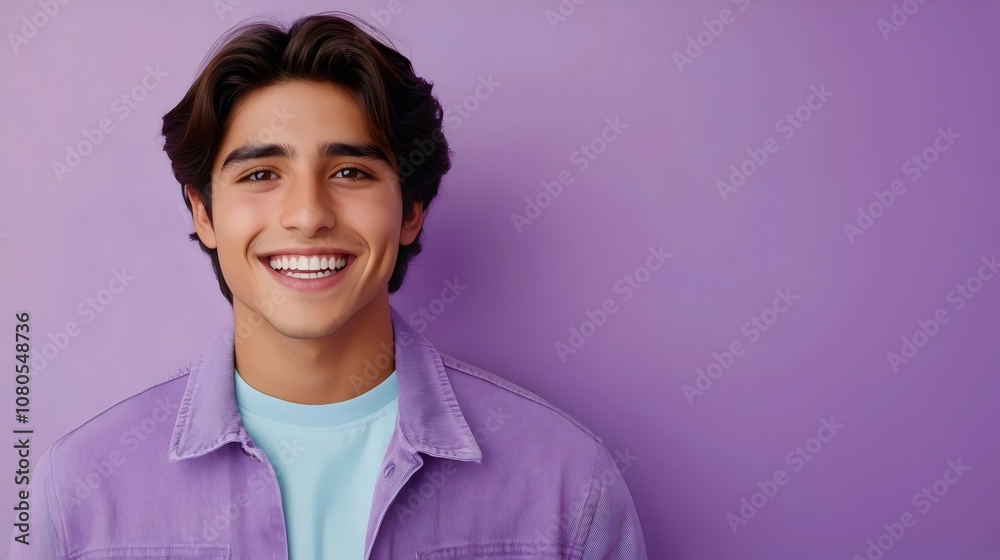 Smiling Young Hispanic Man Isolated on a Purple Background. Right Ad Space. AI
