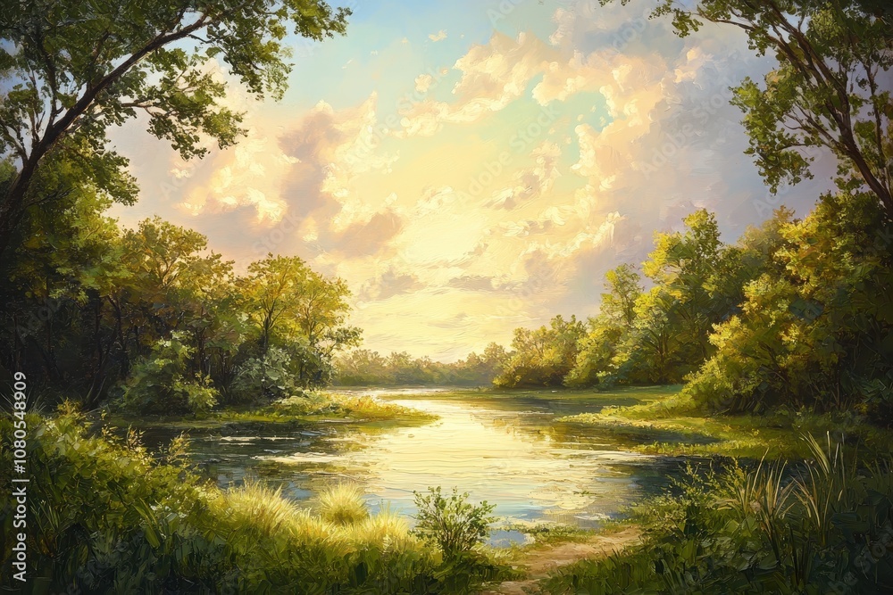 Serene River Winding Through Lush Green Forest Under a Cloudy Sky Serene River Winding Through Lush Green Forest Under a Cloudy Sky