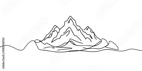 One continuous line drawing of mountain range landscape. Web banner with mounts in simple linear style. Adventure winter sports concept isolated on white background. Doodle vector illustration
