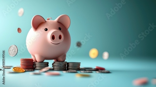 A cheerful piggy bank sits atop a stack of coins, symbolizing savings and financial goals against a calm turquoise background.