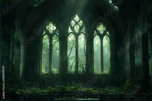 Illustration - Abandoned Church Ruins in Enchanted Forest