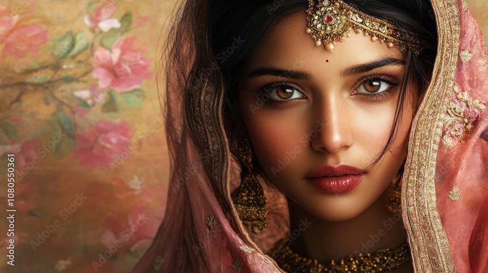 Fototapeta premium A woman wearing a pink and gold headpiece and a pink and gold dress