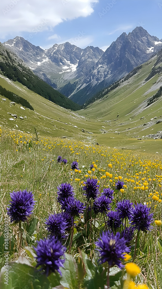Obraz premium Photo Majestic Mountain Valley Wildflowers Landscape