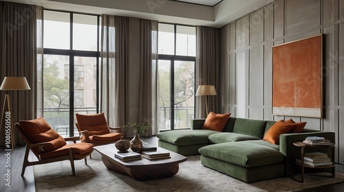 Modern scandinavian living room featuring green and orange furniture with large windows letting in natural light in an urban setting