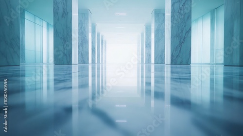 A long, empty hallway lined with white marble columns, with a bright light at the end. The floor is also made of marble and reflects the light.