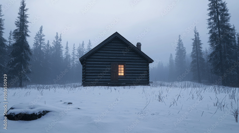 Solitary Cabin Nestled in a Snow-Covered Forest Surrounded by Tall Trees Under a Misty Sky Evoking Tranquility and Winter Serenity Solitary Cabin Nestled in a Snow-Covered Forest Surrounded by Tall Trees Under a Misty Sky Evoking Tranquility and Winter Serenity