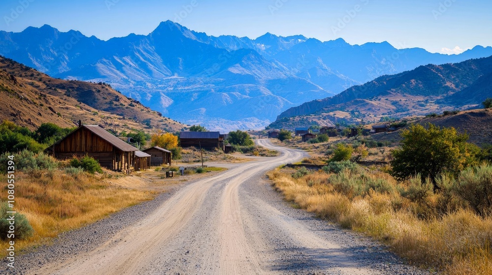 Scenic Distant View of a Small Western Town Nestled Against Majestic Mountains Under a Clear Blue Sky with a Dirt Road Leading Through the Landscape