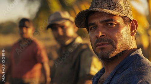 A man wearing a hat standing in front of a group of men.