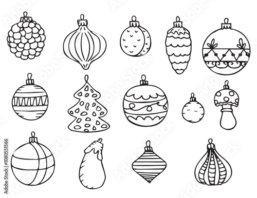 Christmas toys  on white background. Vector black and white illustration