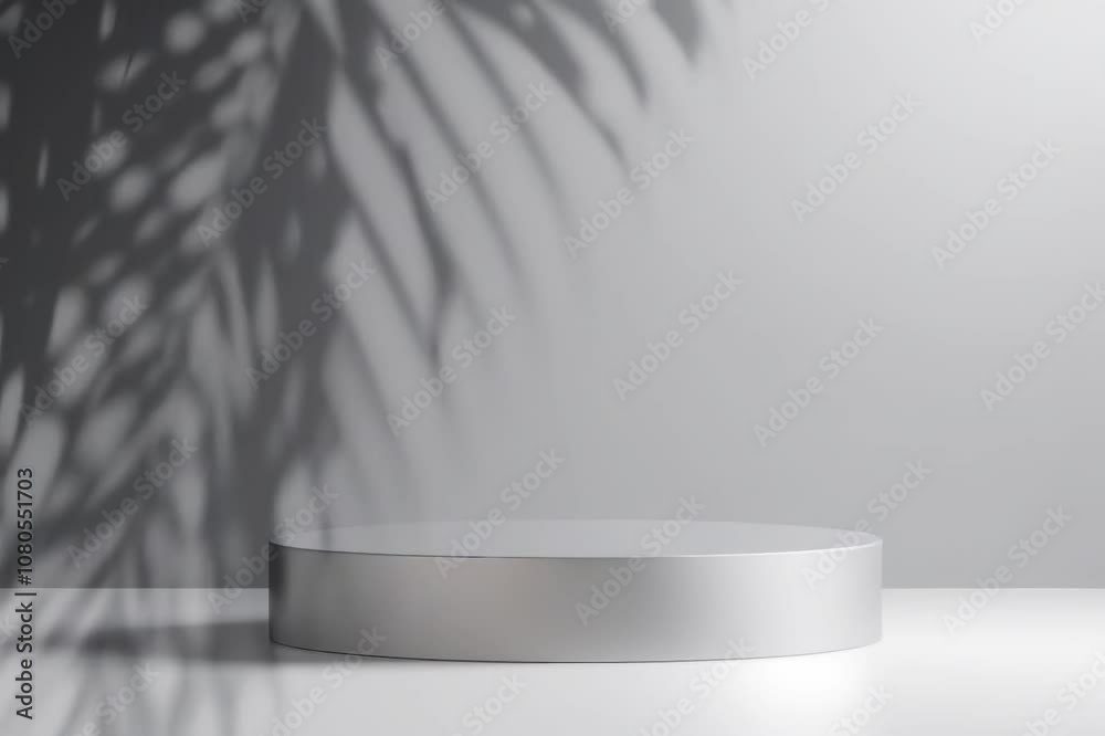 Dirty metal podium with palm shadows and soft lighting on gray