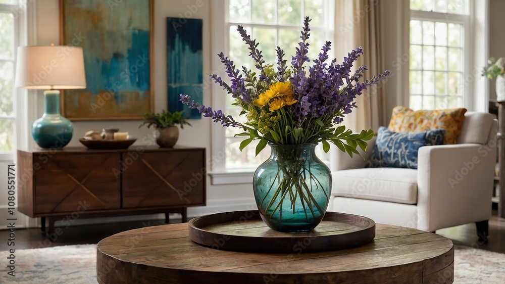close up of lavender and sunflowers in a glass vase on a coffee table in a cozy living room close up of lavender and sunflowers in a glass vase on a coffee table in a cozy living room