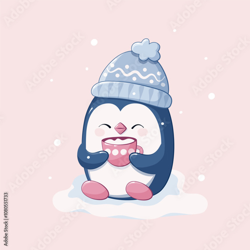 Character of a cute penguin holding a pink cup of coffee. Winter illustration