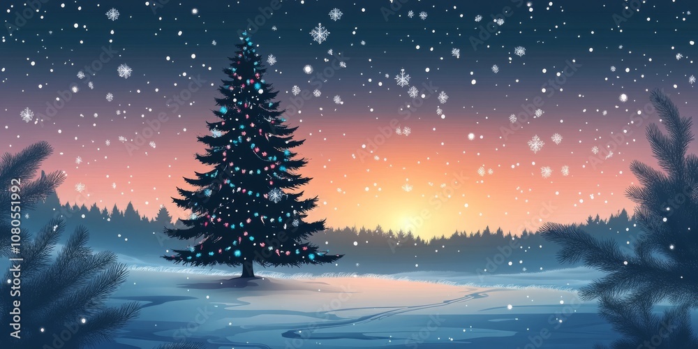 A serene winter landscape featuring a snow-covered pine tree adorned with colorful lights, set against a stunning sunset backdrop. A serene winter landscape featuring a snow-covered pine tree adorned with colorful lights, set against a stunning sunset backdrop.