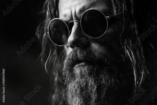 A man with long hair and a beard wearing sunglasses. photo