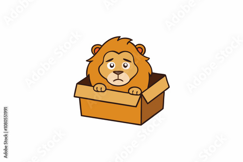 a sad lion abandoned in a cardboard box, white background, t-shirt design