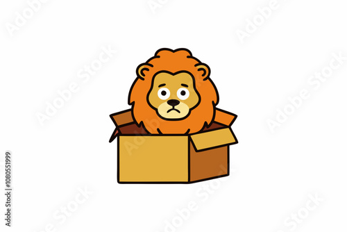 a sad lion abandoned in a cardboard box, white background, t-shirt design