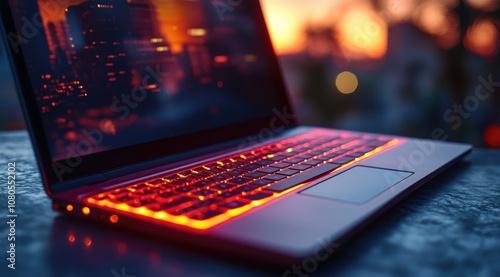 Laptop with red backlit keyboard on table with city skyline in the background.