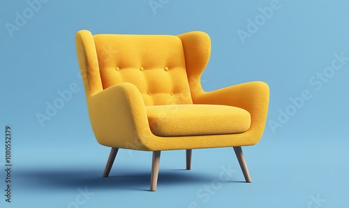 Yellow armchair isolated on a blue background, front view. Scandinavian design interior concept with modern furniture and a yellow fabric texture. 